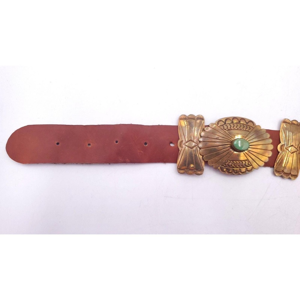 Vintage Handmade Brass Leather Navajo Concho Belt Turquoise Butterfly 32"-37" - Picture 11 of 12